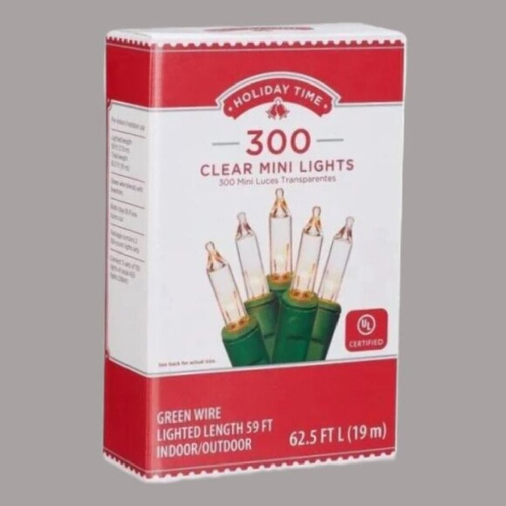 Holiday Time Clear 300 Mini Clear Lights Green Wire and 62.5 ft New in Box